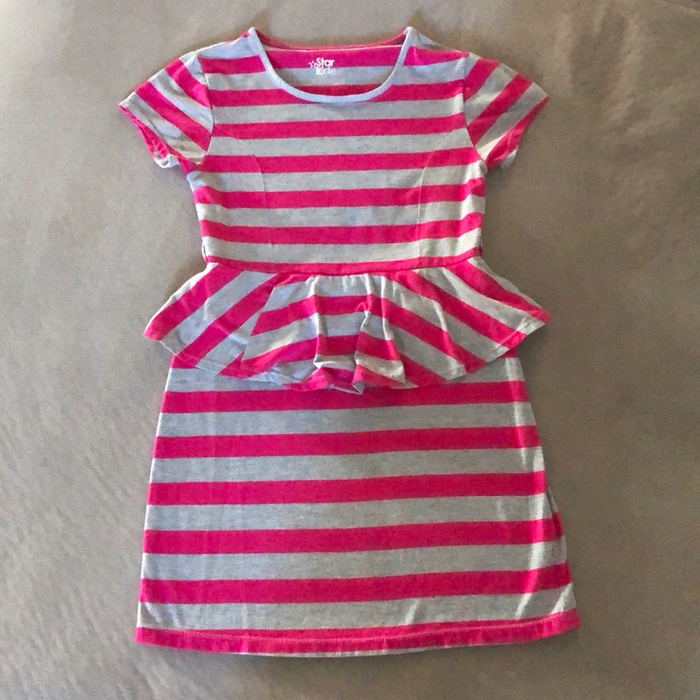 Star Ride Dress Girls Size 10/12 Pink Gray Striped Short Sleeve Ruffles